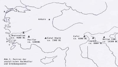 Abb. 1: Landkarte von den Zentren der anatolischen Hochkultur mit ihren Gründungsdaten